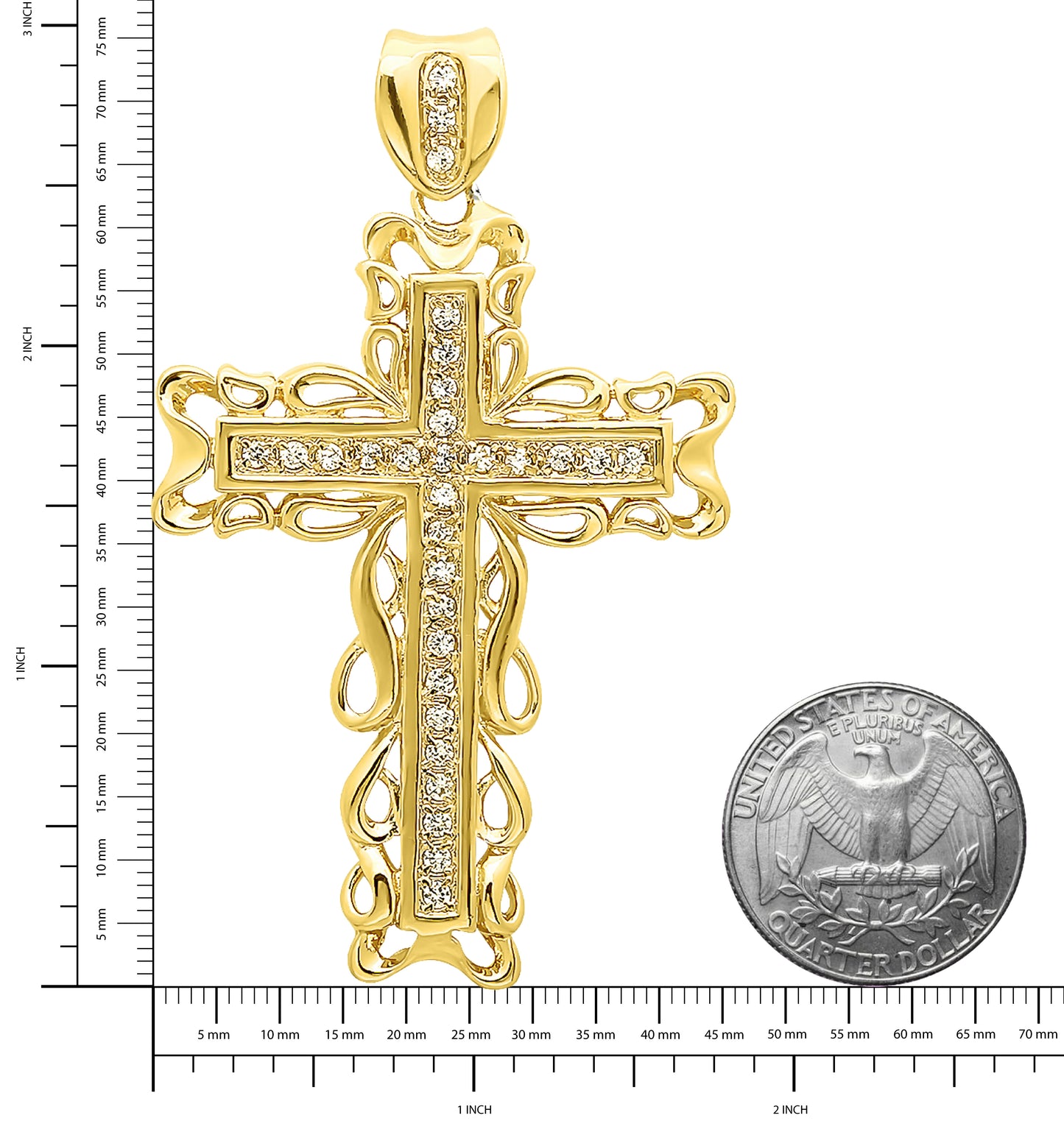 Men's 2 Inch Large 14k Gold Plated Filigree Framed Cubic Zirconia Cross Pendant (48.5mm x 64mm)