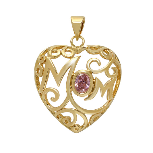 14K Gold Heavy Plated Open Scrolled Mom Heart Pendant w/Pink Oval CZ + Chain Necklace Choose Style (Box, Figaro, or Curb) Set