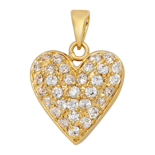 14K Gold Heavy Plated Heart Shaped Pendant w/Round Brilliant Pave CZ + Chain Necklace Choose Style (Box, Figaro, or Curb) Set