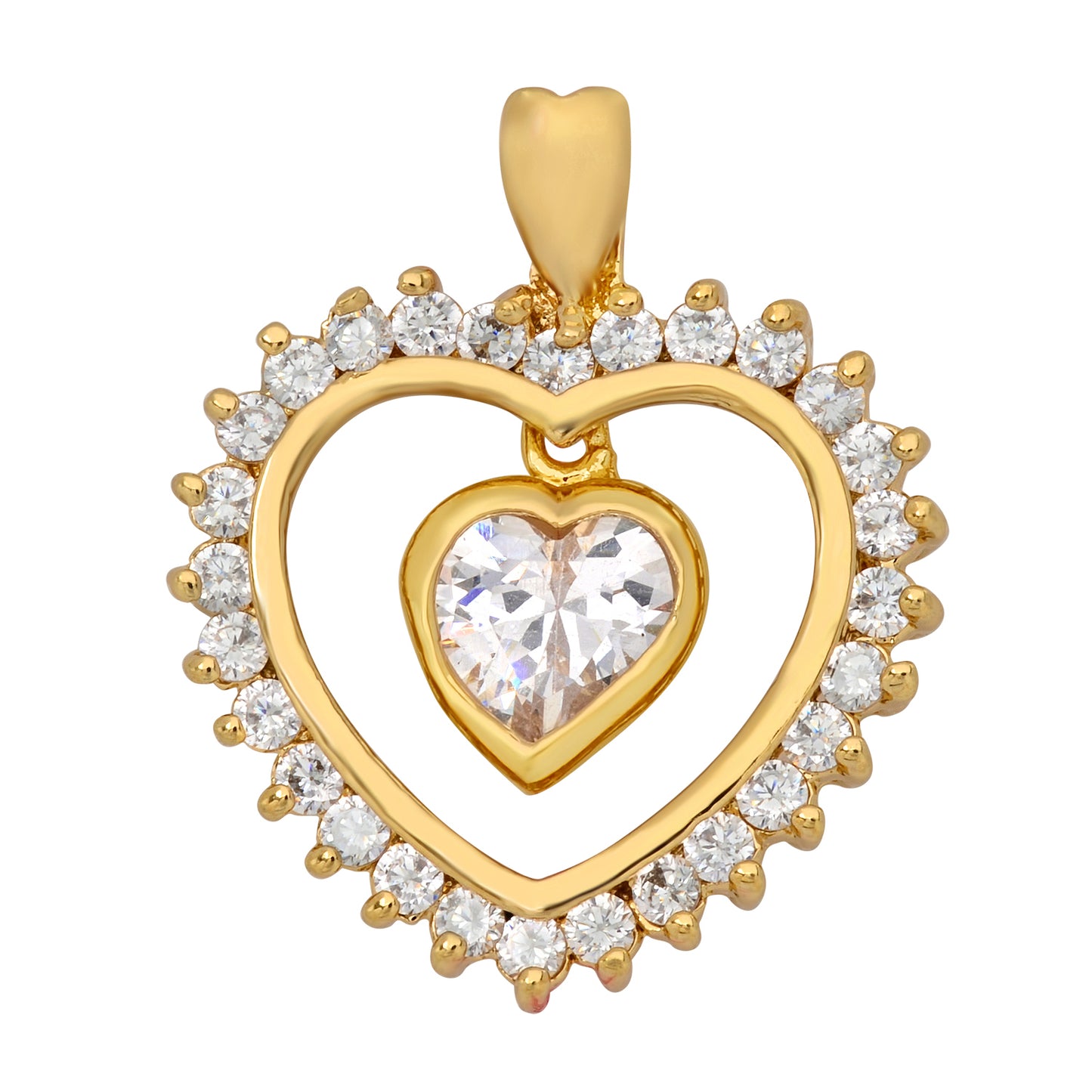 Gold Plated Heart Shaped CZ Halo Pendant w/Floating Heart CZ + Jewelry Polishing Cloth (SKU: GL-CZP405)