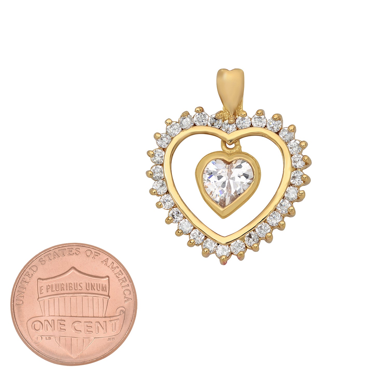 Gold Plated Heart Shaped CZ Halo Pendant w/Floating Heart CZ + Jewelry Polishing Cloth (SKU: GL-CZP405)