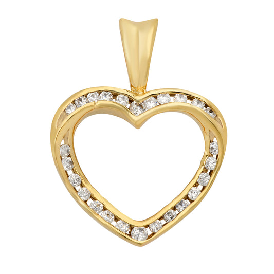 14K Gold Heavy Plated Open Heart Shaped Pendant w/Channel Set Round CZ + Chain Necklace Choose Style (Box, Figaro, or Curb) Set