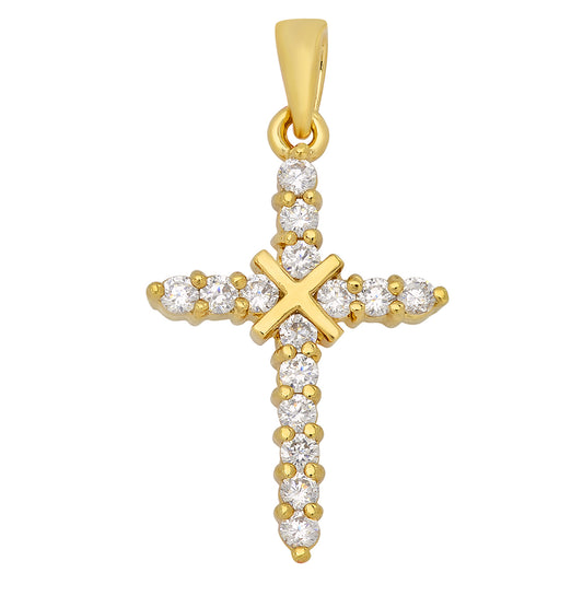 14K Gold Heavy Plated Small Cross x Pendant w/Round Brilliant Cut CZs + Chain Necklace Choose Style (Box, Figaro, or Curb) Set