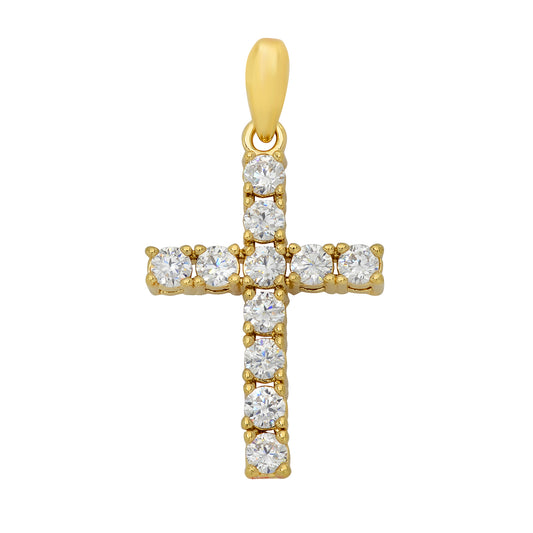 14K Gold Heavy Plated Small Cross Pendant of Round Brilliant Cut CZs + Chain Necklace Choose Style (Box, Figaro, or Curb) Set