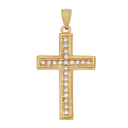 14K Gold Heavy Plated Cross Pendant w/Round Brilliant Cut CZs + Chain Necklace Choose Style (Box, Figaro, or Curb) Set