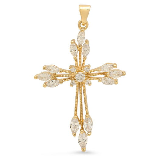 14K Gold Heavy Plated Milgrain Cross Pendant w/Clear Round & Oval CZ Stones + Chain Necklace Choose Style (Box, Figaro, or Curb) Set