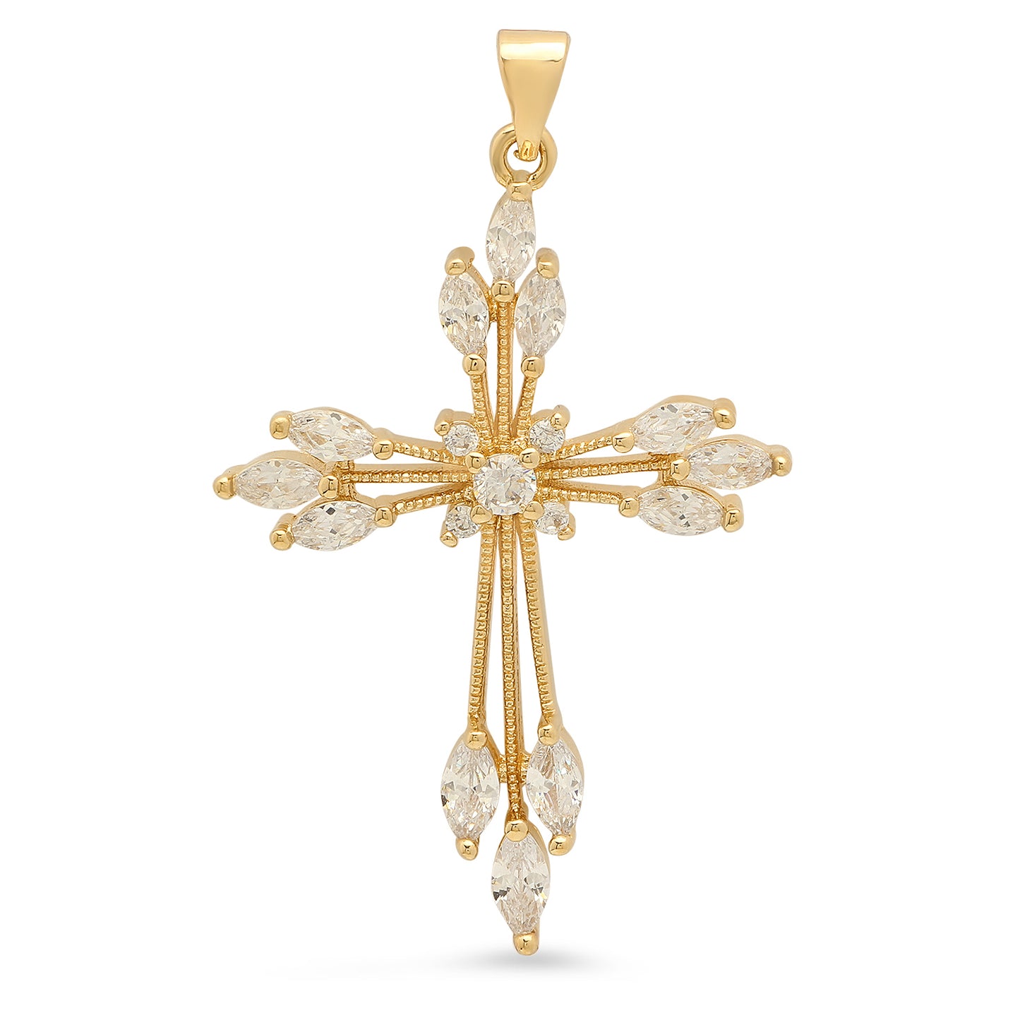 Gold Plated Milgrain Cross Pendant w/Clear Round & Oval CZ Stones