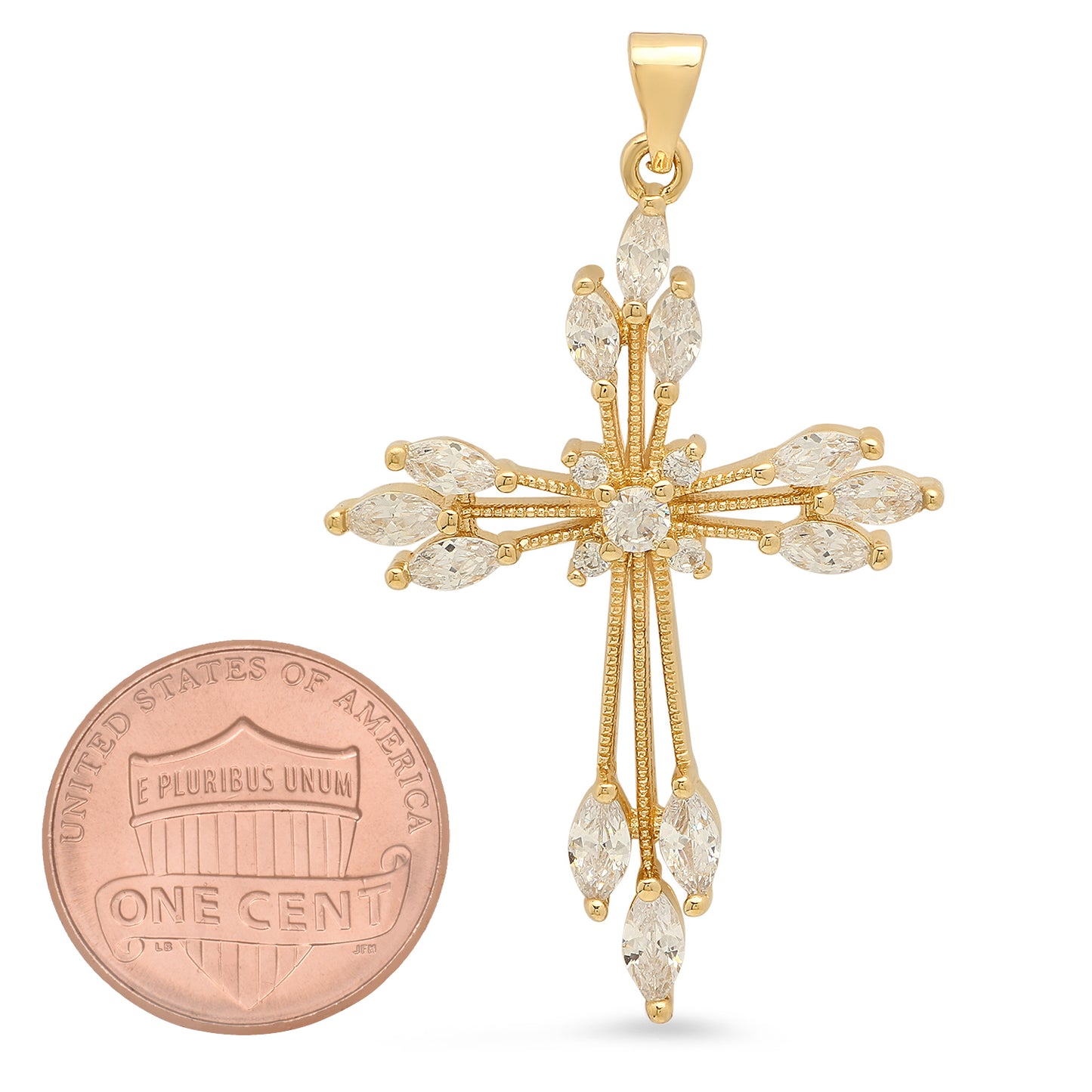 Gold Plated Milgrain Cross Pendant w/Clear Round & Oval CZ Stones