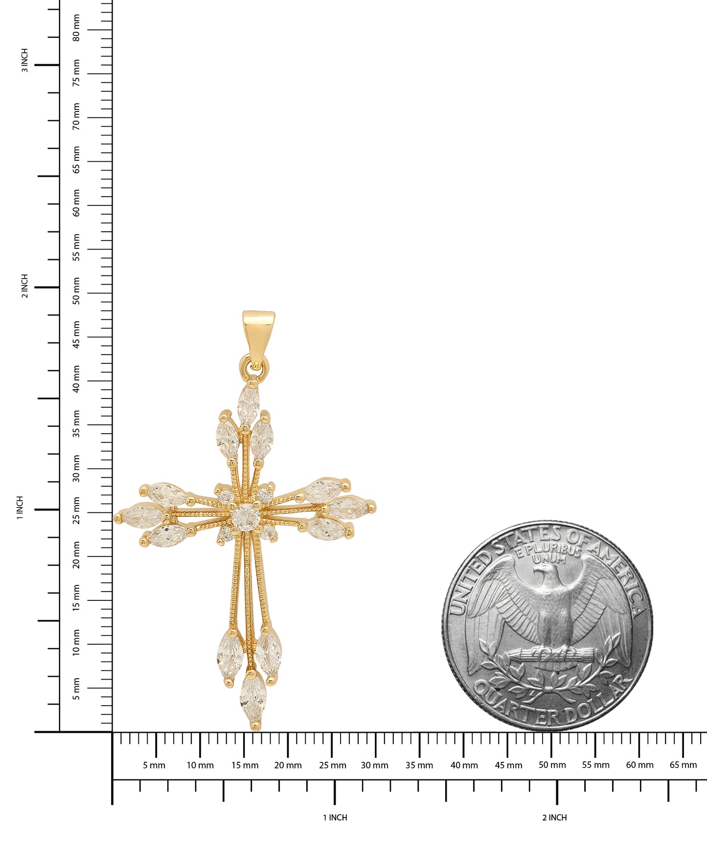 Gold Plated Milgrain Cross Pendant w/Clear Round & Oval CZ Stones