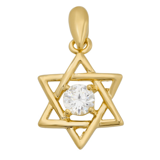 14K Gold Heavy Plated Star Of David Pendant w/Round Brilliant Cut CZ + Chain Necklace Choose Style (Box, Figaro, or Curb) Set