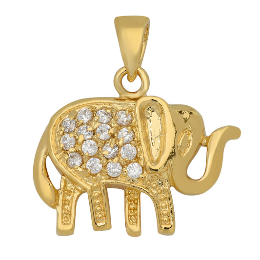 14K Gold Heavy Plated Elephant Pendant Accented w/Round Cubic Zirconia + Chain Necklace Choose Style (Box, Figaro, or Curb) Set