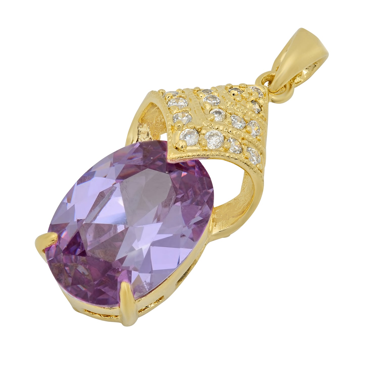 Arched 14K Gold Heavy Plated Pave CZ Pendant w/Large Light Violet Oval CZ + Chain Necklace Choose Style (Box, Figaro, or Curb) Set