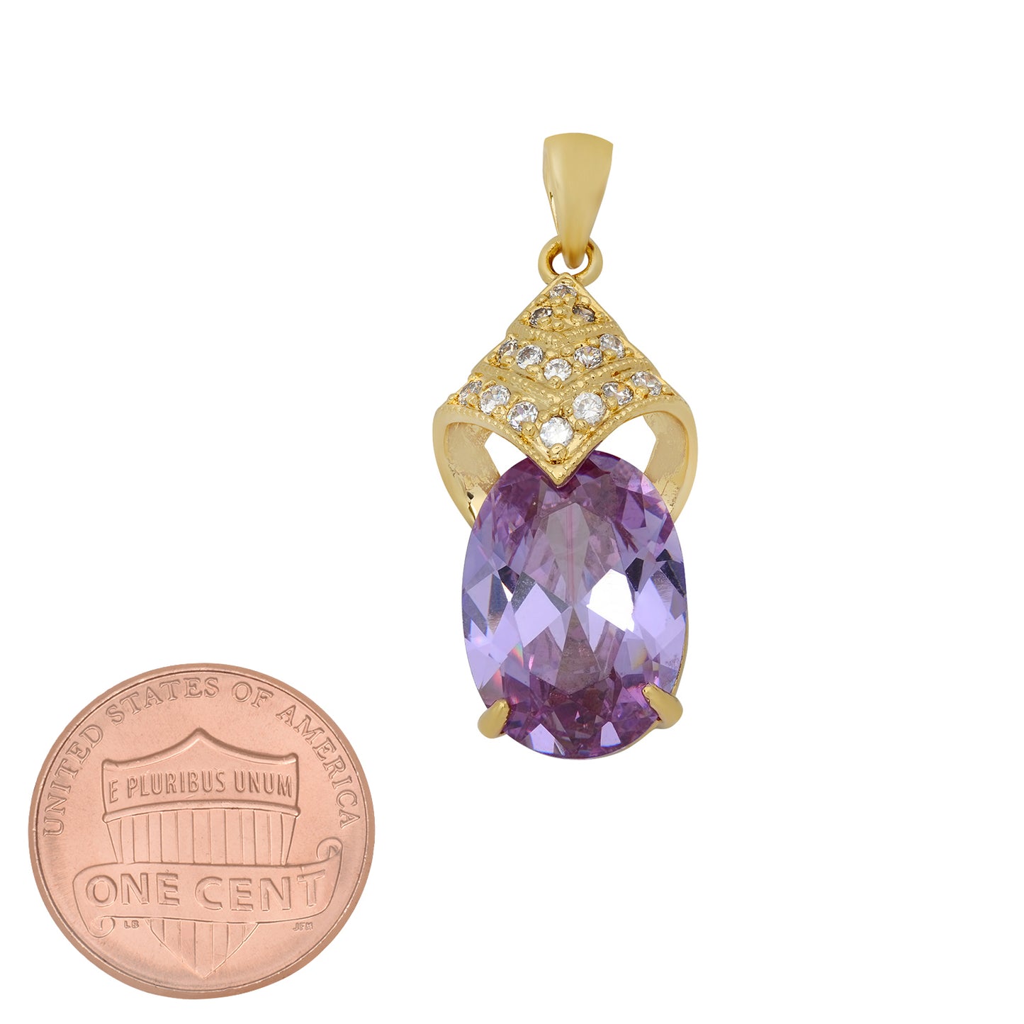 Arched Gold Plated Pave CZ Pendant w/Large Light Violet Oval CZ