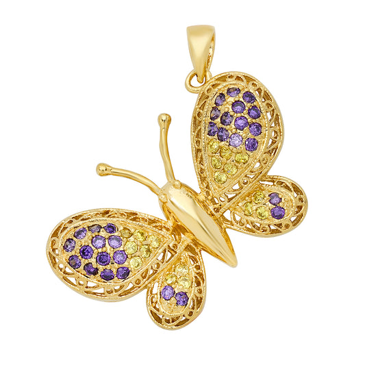 14K Gold Heavy Plated Filigree Butterfly w/Violet & Yellow CZs Pendant + Chain Necklace Choose Style (Box, Figaro, or Curb) Set