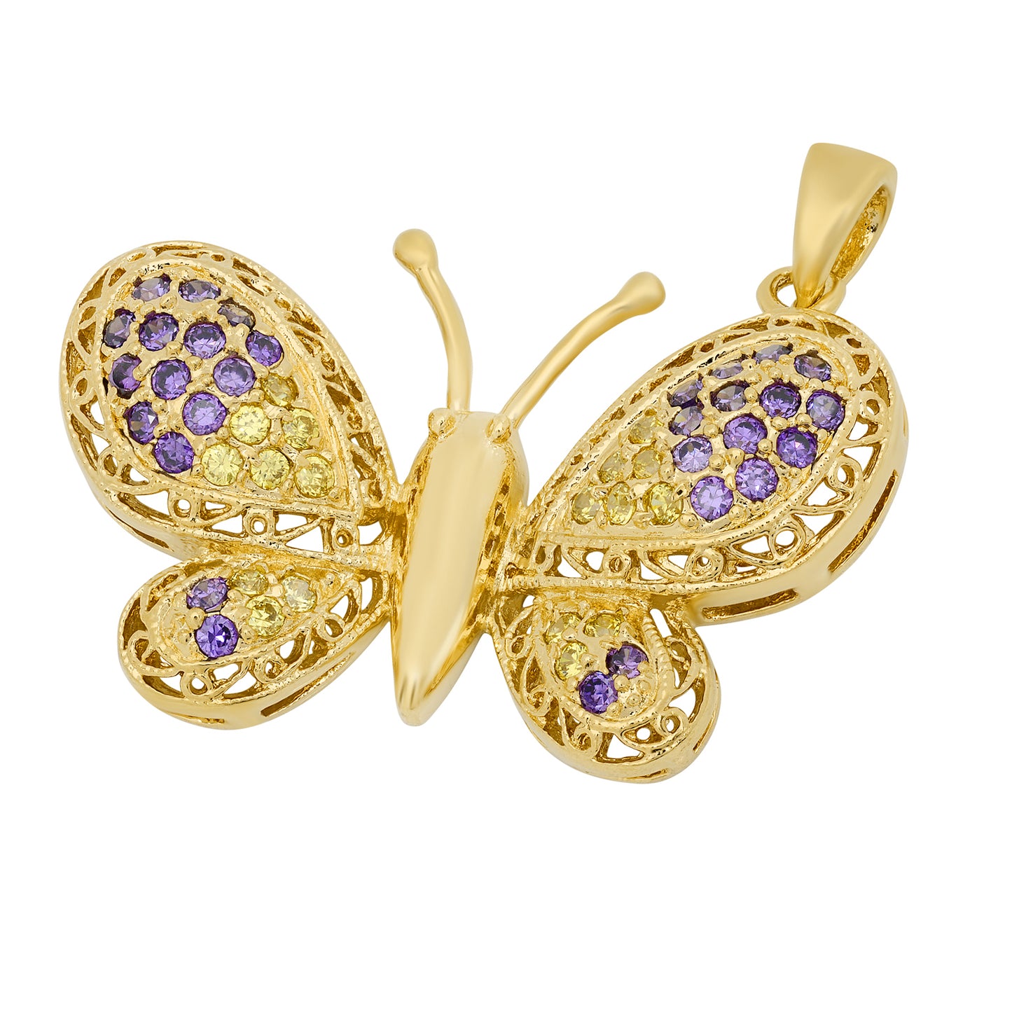 14K Gold Heavy Plated Filigree Butterfly w/Violet & Yellow CZs Pendant + Chain Necklace Choose Style (Box, Figaro, or Curb) Set