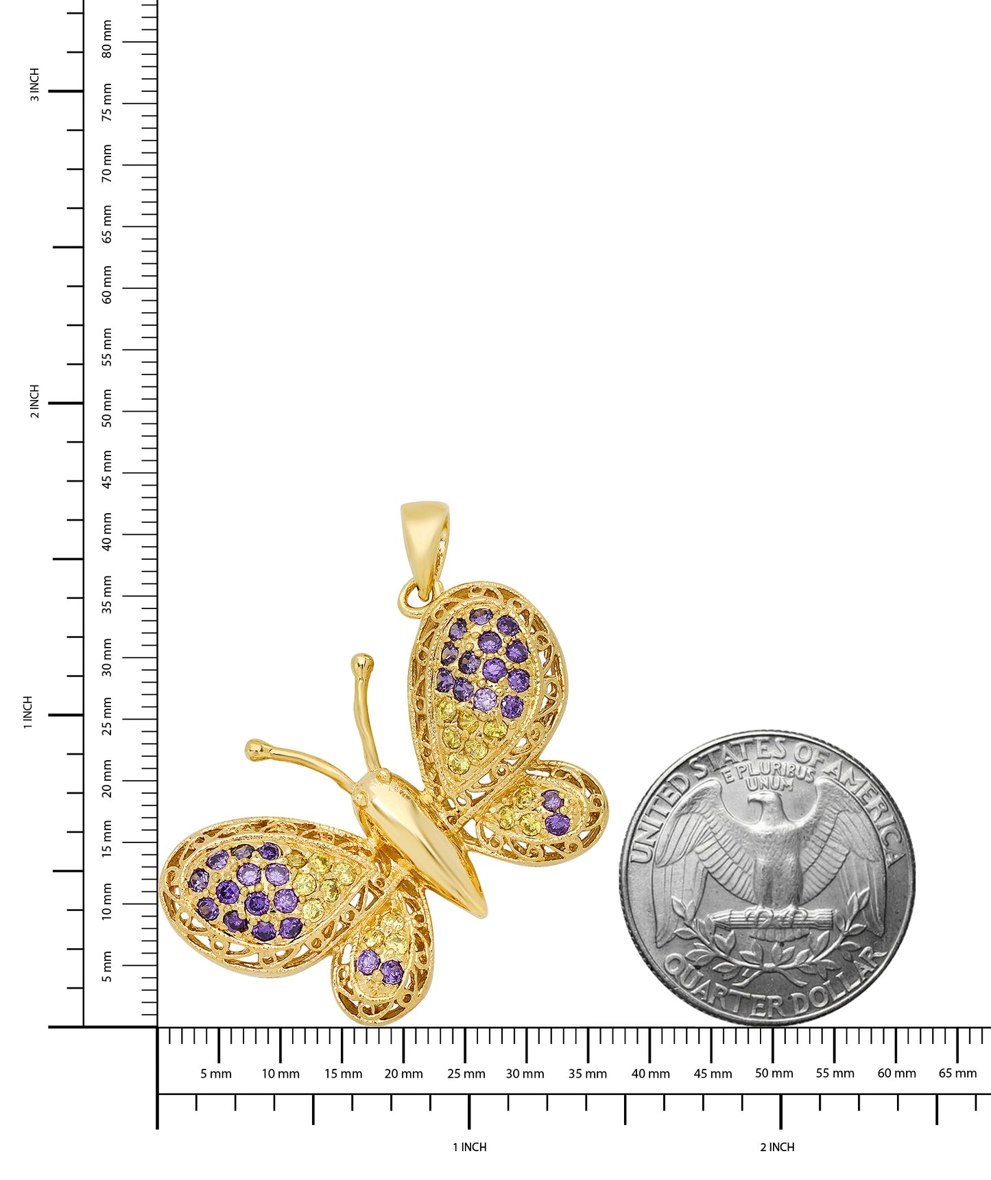 14K Gold Heavy Plated Filigree Butterfly w/Violet & Yellow CZs Pendant + Chain Necklace Choose Style (Box, Figaro, or Curb) Set