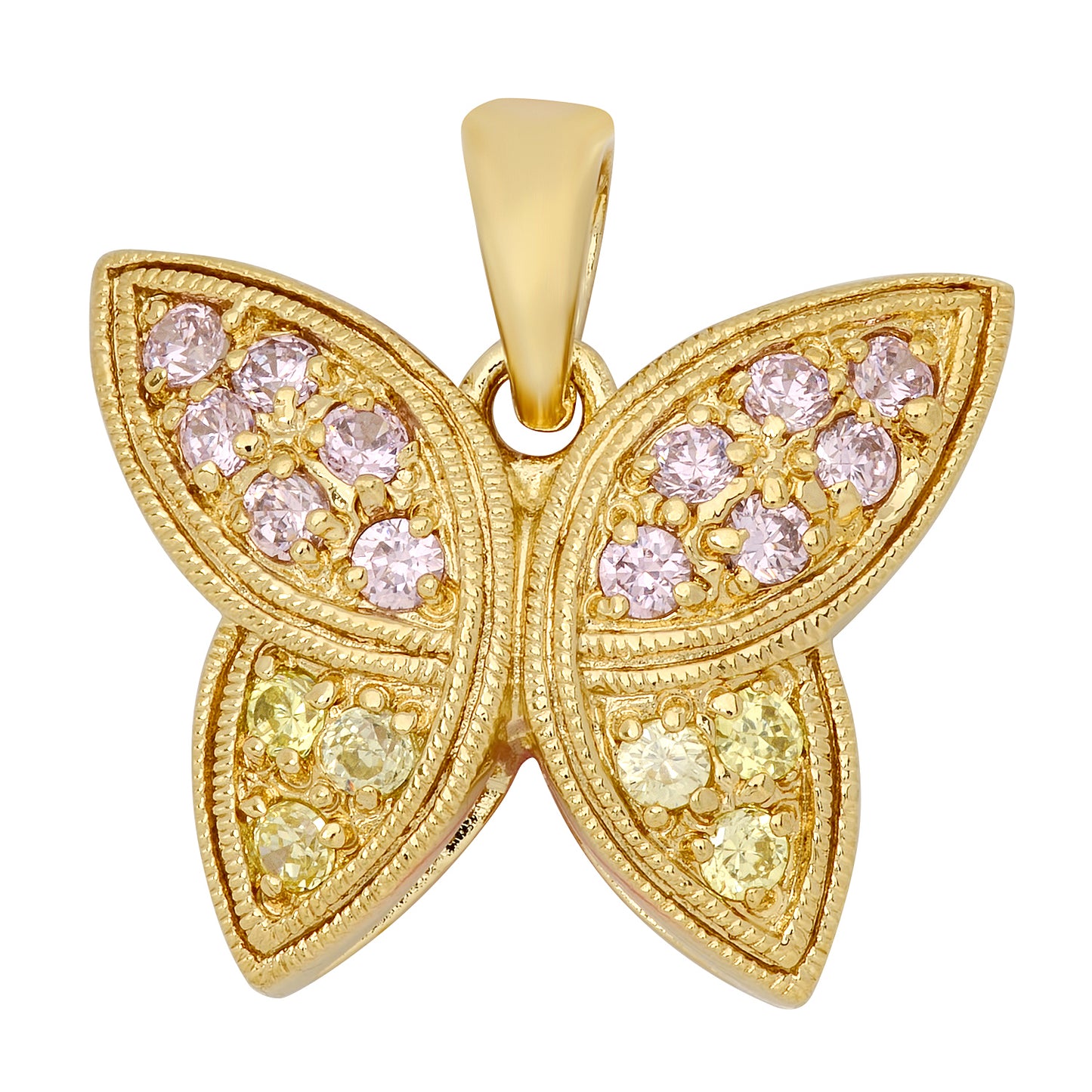 14K Gold Heavy Plated Butterfly Pendant Accented w/Pink & Yellow CZs + Chain Necklace Choose Style (Box, Figaro, or Curb) Set