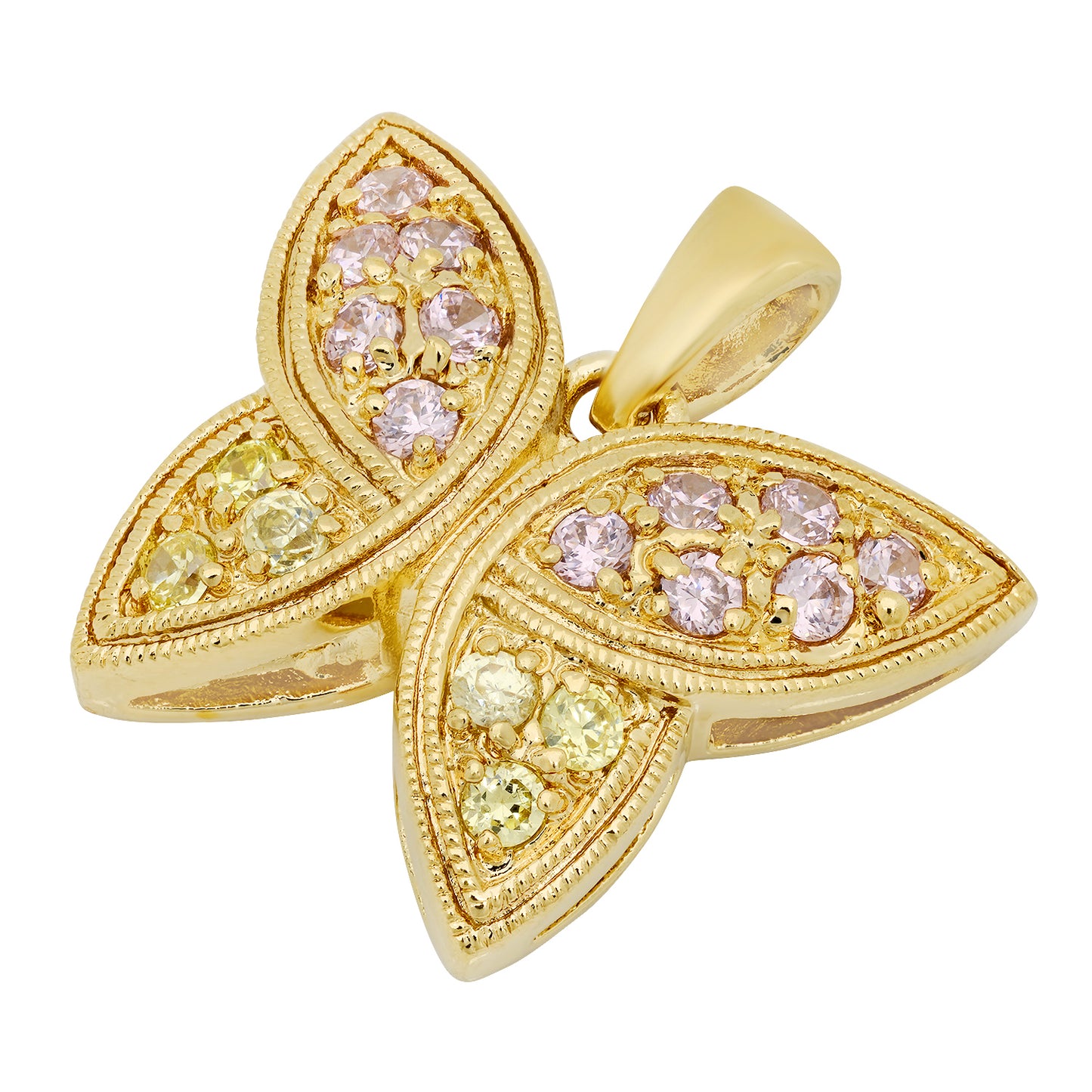 14K Gold Heavy Plated Butterfly Pendant Accented w/Pink & Yellow CZs + Chain Necklace Choose Style (Box, Figaro, or Curb) Set