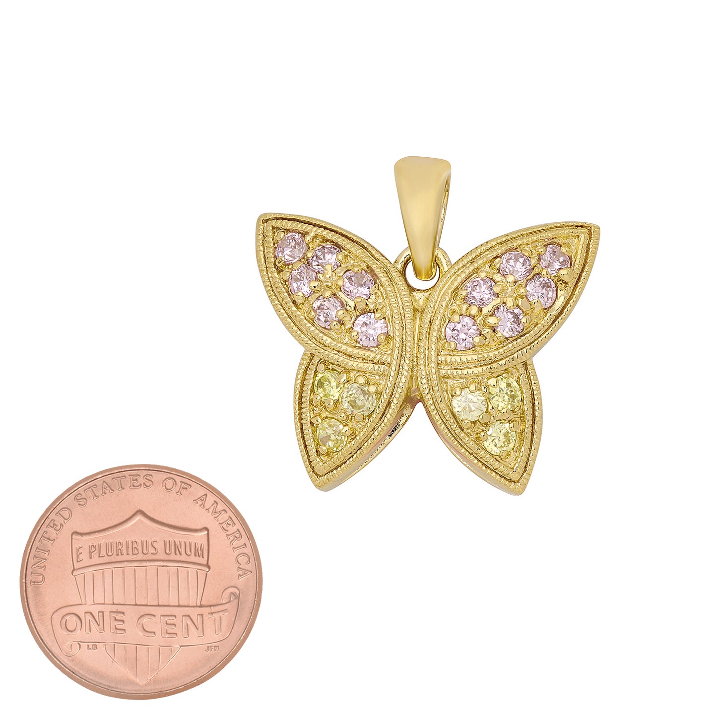 14K Gold Heavy Plated Butterfly Pendant Accented w/Pink & Yellow CZs + Chain Necklace Choose Style (Box, Figaro, or Curb) Set