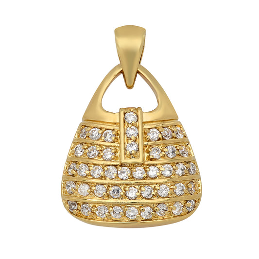 14K Gold Heavy Plated Purse Pendant Accented w/Rows of Cubic Zirconia + Chain Necklace Choose Style (Box, Figaro, or Curb) Set