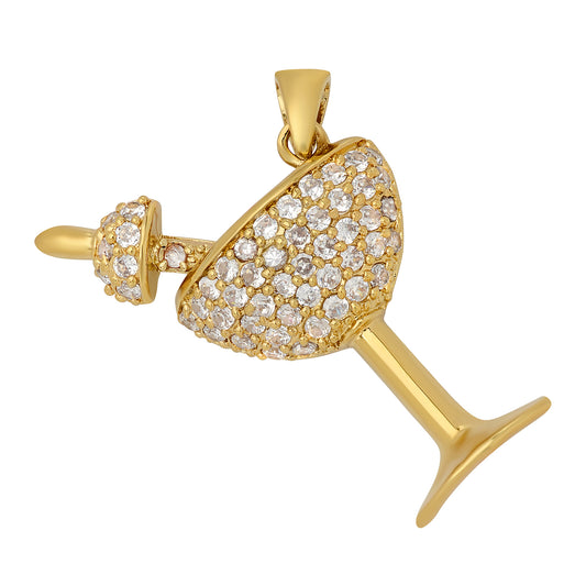 Gold Plated Martini Glass & Garnish Pendant w/Cubic Zirconia