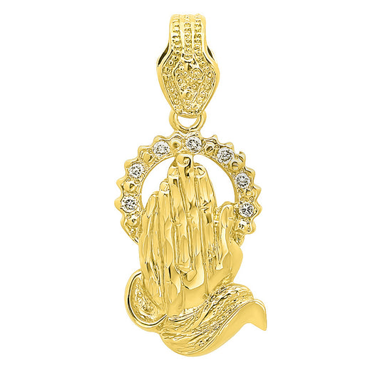 Large 14k Gold Heavy Plated Praying Hands w/CZ Halo Pendant + Chain Necklace Choose Style (Rope, Figaro, or Curb) Set