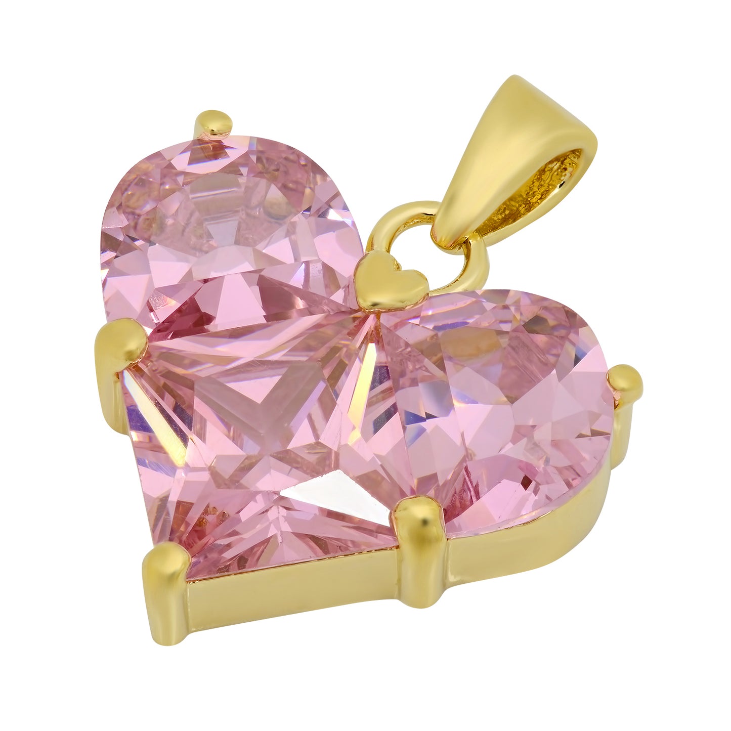 14K Gold Heavy Plated Heart Shaped Light Pink Cubic Zirconia Pendant + Chain Necklace Choose Style (Box, Figaro, or Curb) Set