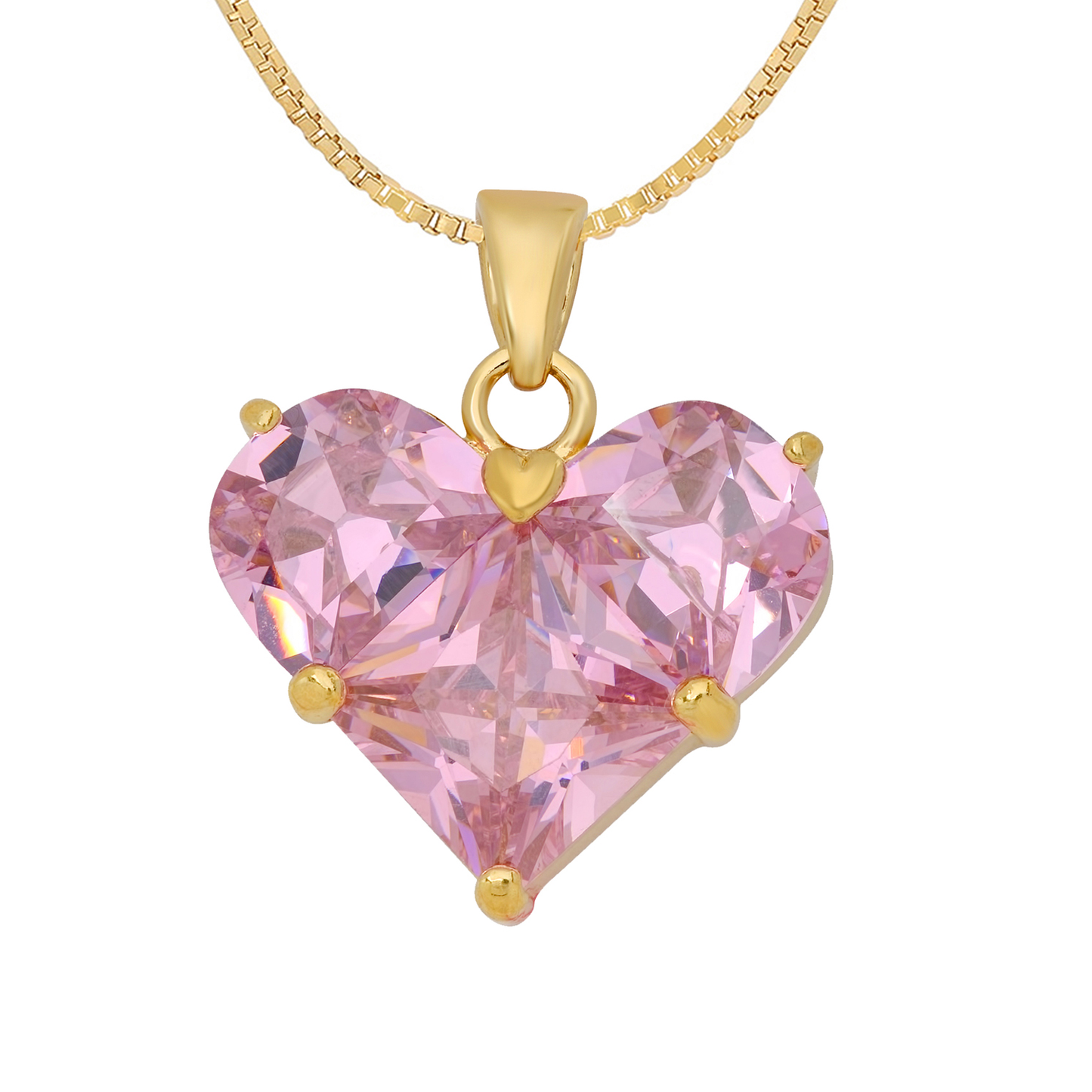 14K Gold Heavy Plated Heart Shaped Light Pink Cubic Zirconia Pendant + Chain Necklace Choose Style (Box, Figaro, or Curb) Set