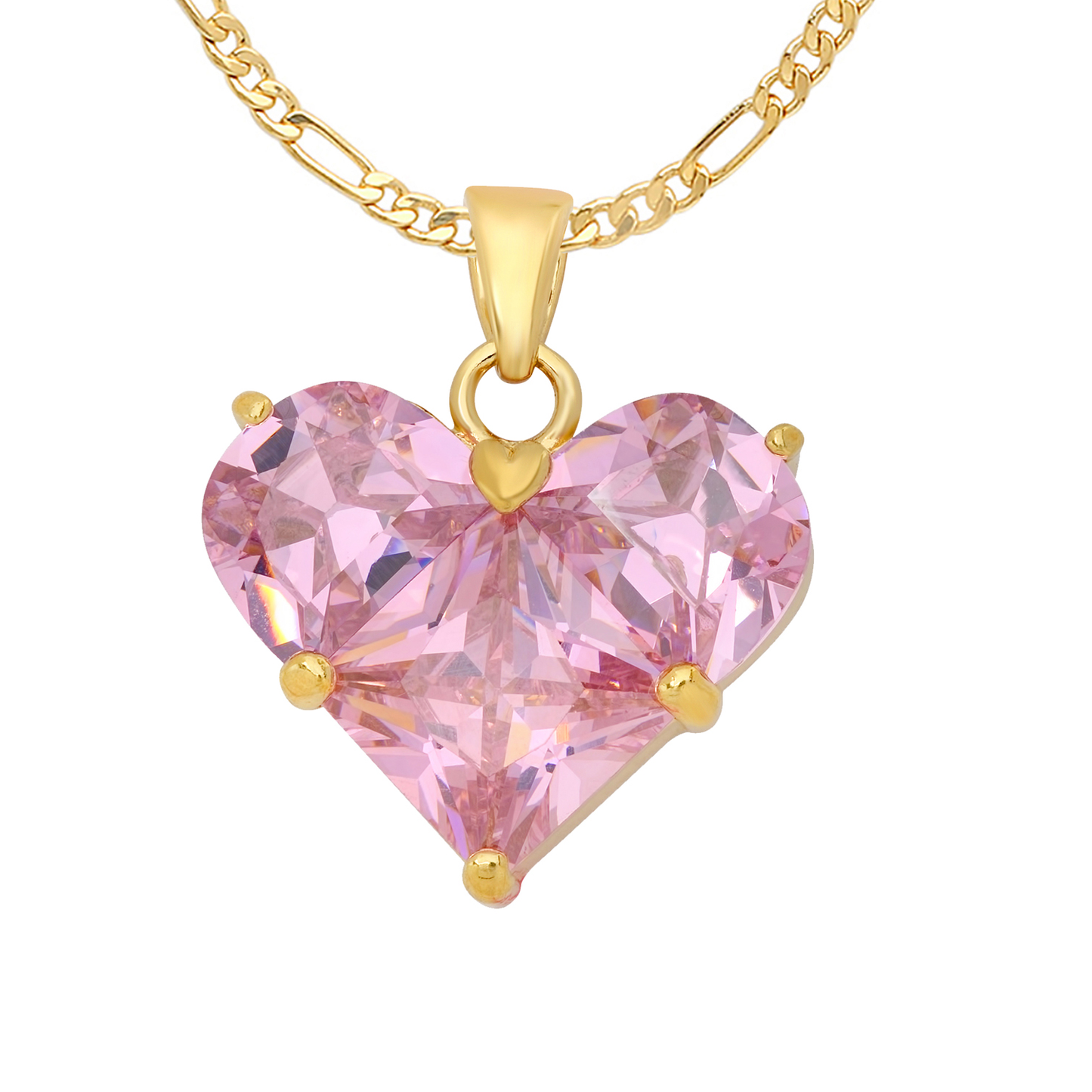 14K Gold Heavy Plated Heart Shaped Light Pink Cubic Zirconia Pendant + Chain Necklace Choose Style (Box, Figaro, or Curb) Set