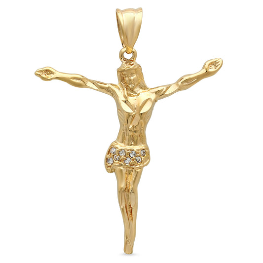 Large 49mm x 5.2 cm 14k Gold Plated CZ Accented Jesus Crucifix Pendant