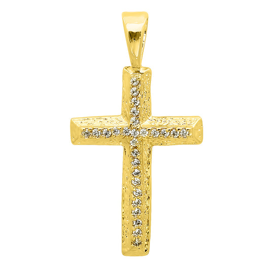 14k Gold Heavy Plated CZ Lined Beveled Cross Pendant + Chain Necklace Choose Style (Rope, Figaro, or Curb) Set