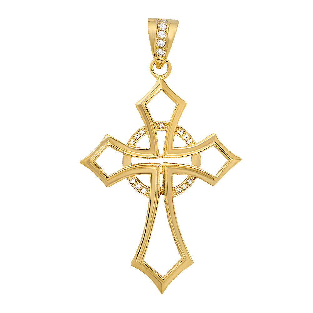 Large 14k Gold Heavy Plated CZ Celtic Passion Cross Pendant + Chain Necklace Choose Style (Rope, Figaro, or Curb) Set