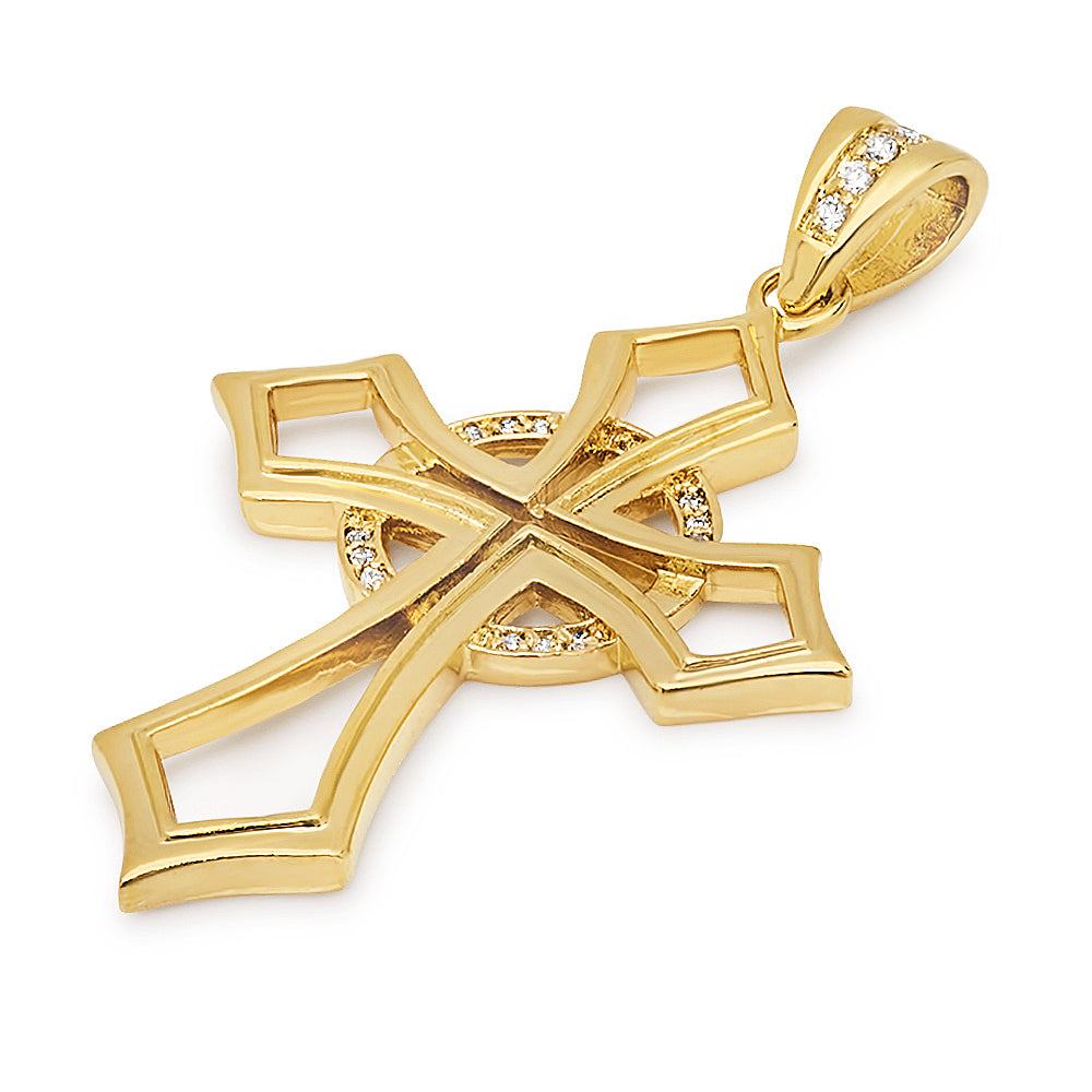 14k Gold Heavy Plated CZ Bordered Dimensional Cross Pendant + Chain Necklace Choose Style (Rope, Figaro, or Curb) Set