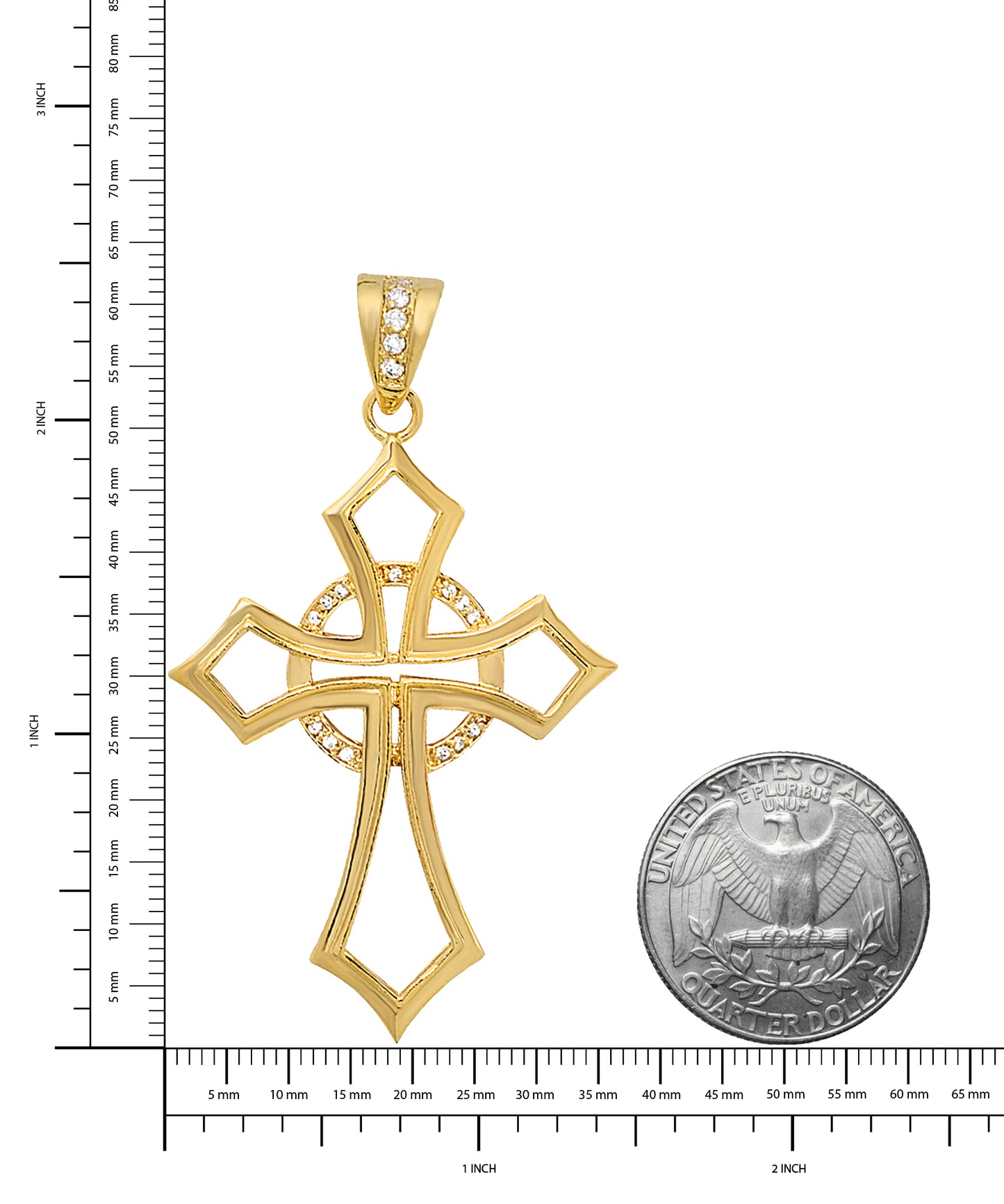 Large 14k Gold Heavy Plated CZ Celtic Passion Cross Pendant + Chain Necklace Choose Style (Rope, Figaro, or Curb) Set