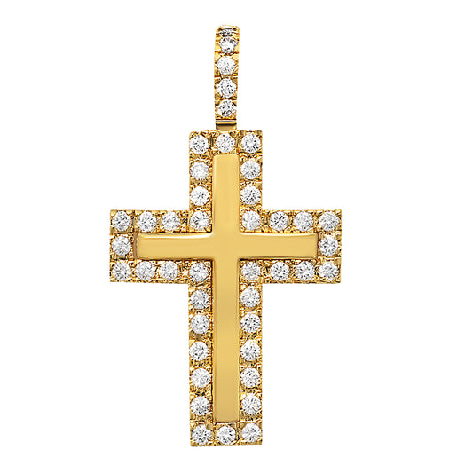 14k Gold Plated 30mm x 42mm CZ Bordered Dimensional Cross Pendant,