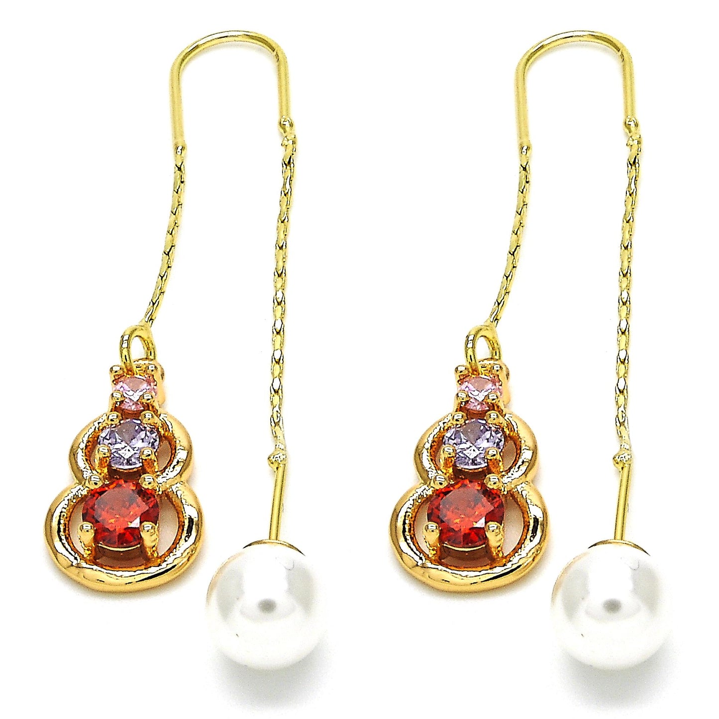 Polished 14k Yellow Gold Plated Red Cubic Zirconia Threader Earrings (SKU: GL-ER1043)