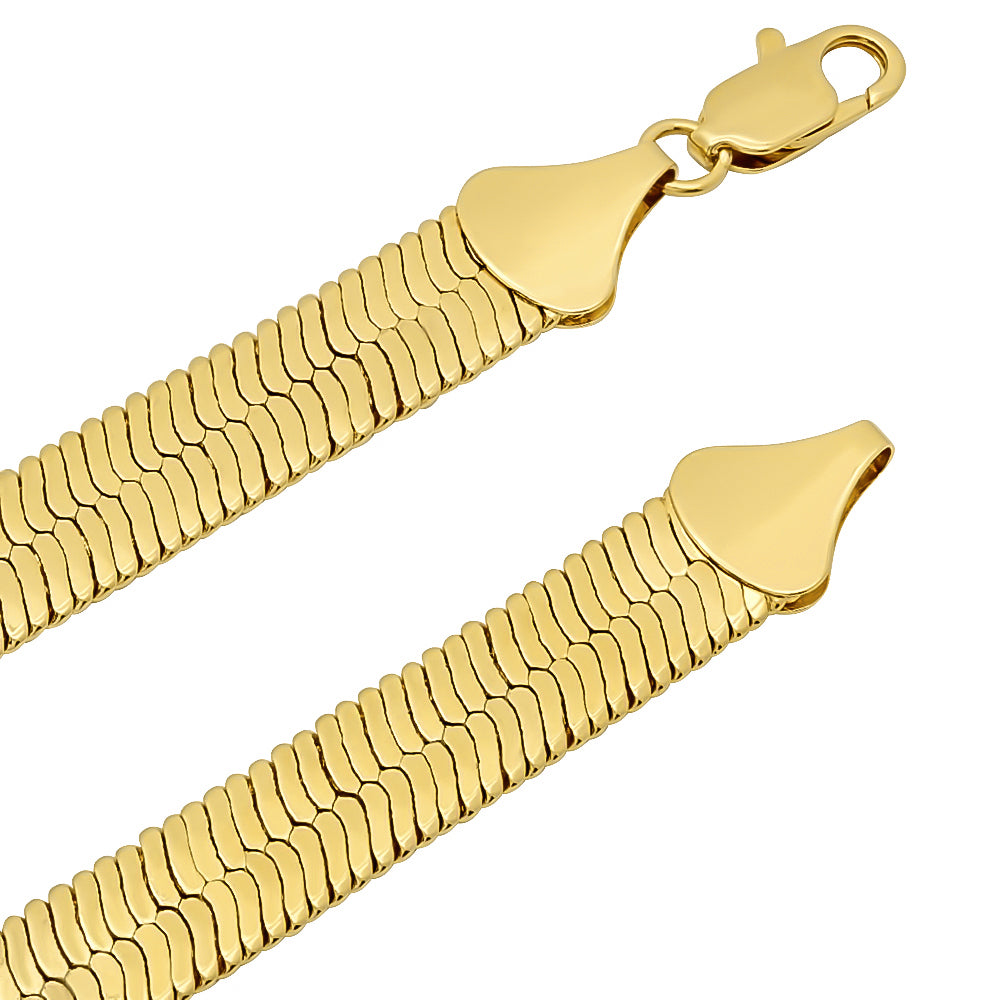 10.8mm 14k Yellow Gold Plated Flat Herringbone Chain Necklace