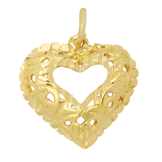 14K Gold Heavy Plated Ornate Filigree Rounded Open Heart Shaped Pendant + Chain Necklace Choose Style (Box, Figaro, or Curb) Set