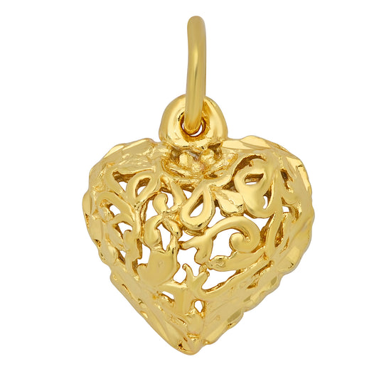 14K Gold Heavy Plated Ornate Filigree Rounded Heart Shaped Pendant + Chain Necklace Choose Style (Box, Figaro, or Curb) Set