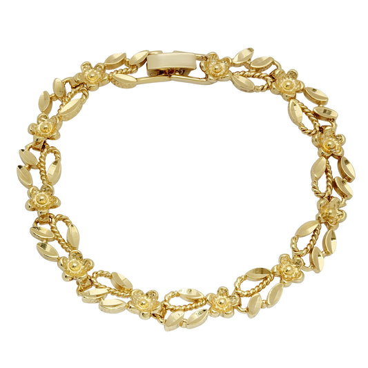 Gold Plated 9mm Link Bracelet of Flowers, Rope Loops & Leaves