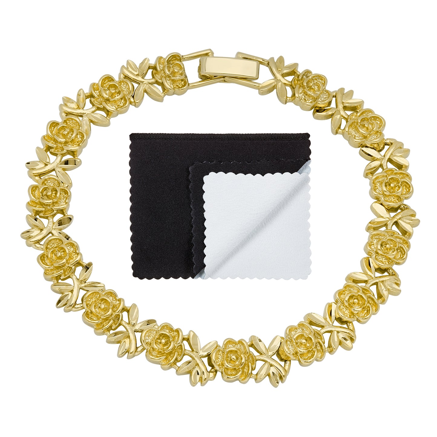 Gold Plated 8mm Flower & Leaves Link Bracelet + Jewelry Polishing Cloth (SKU: GL-LB39)