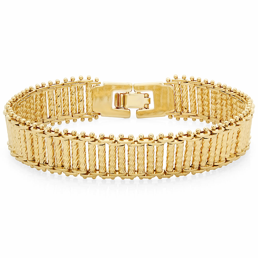 14k Yellow Gold Plated 13mm Diamond-Cut Ladder Style Chain Bracelet + Jewelry Polishing Cloth (SKU: GL-LB56B)