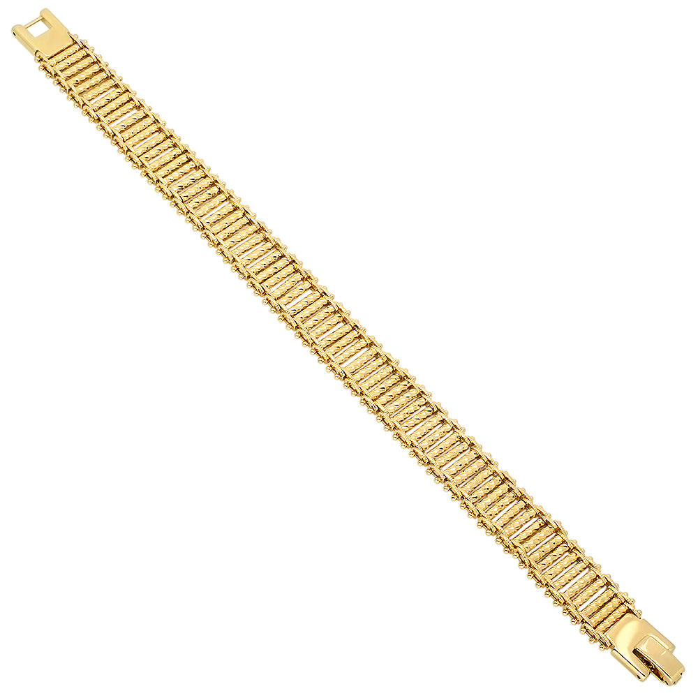 14k Yellow Gold Plated 13mm Diamond-Cut Ladder Style Chain Bracelet + Jewelry Polishing Cloth (SKU: GL-LB56B)