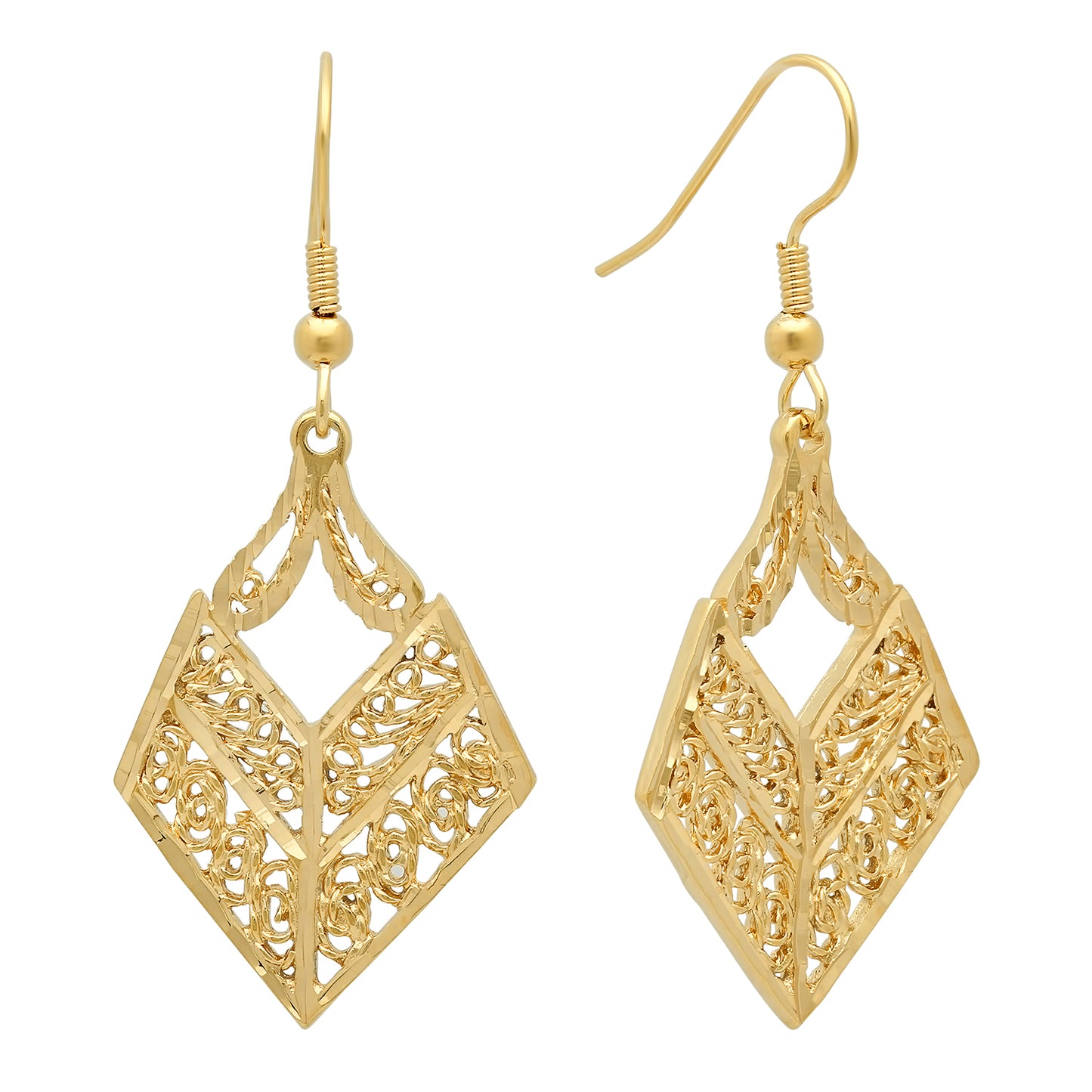 Yellow Gold Plated Intricate Filigree Drop Earrings