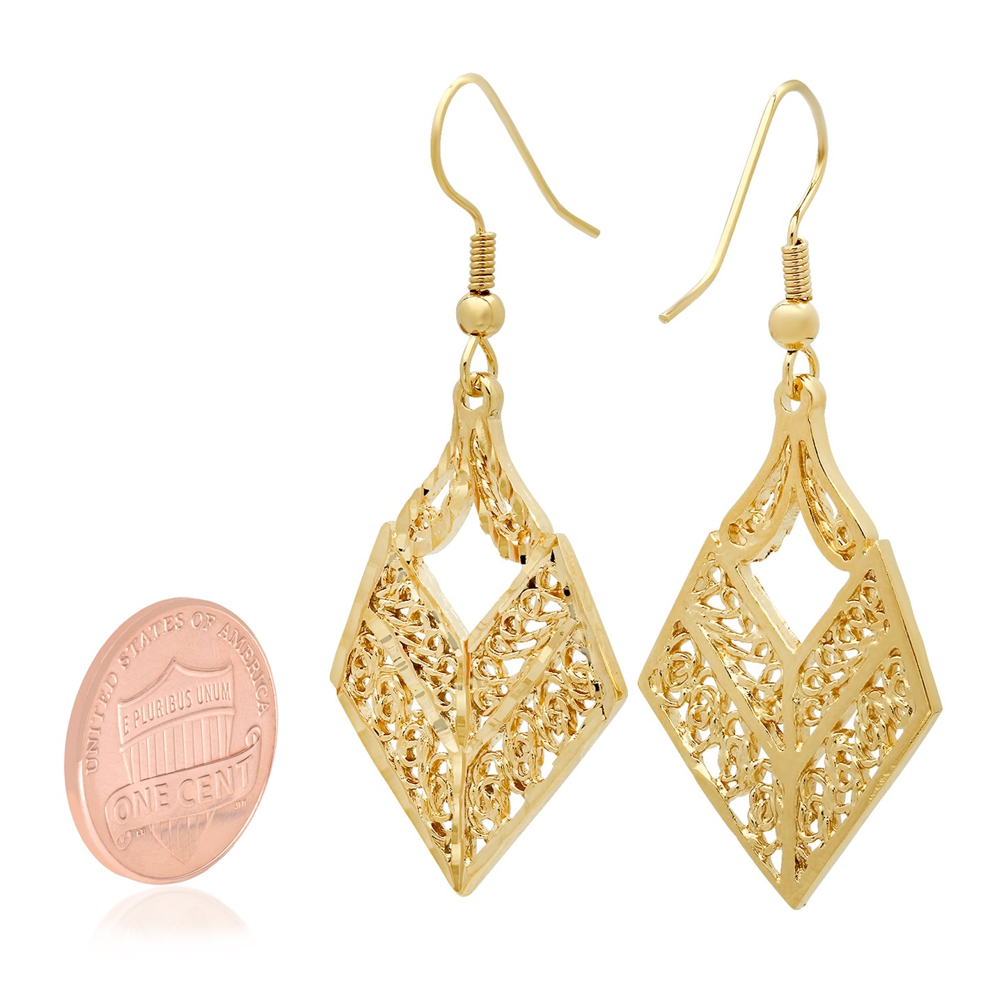 Yellow Gold Plated Intricate Filigree Drop Earrings