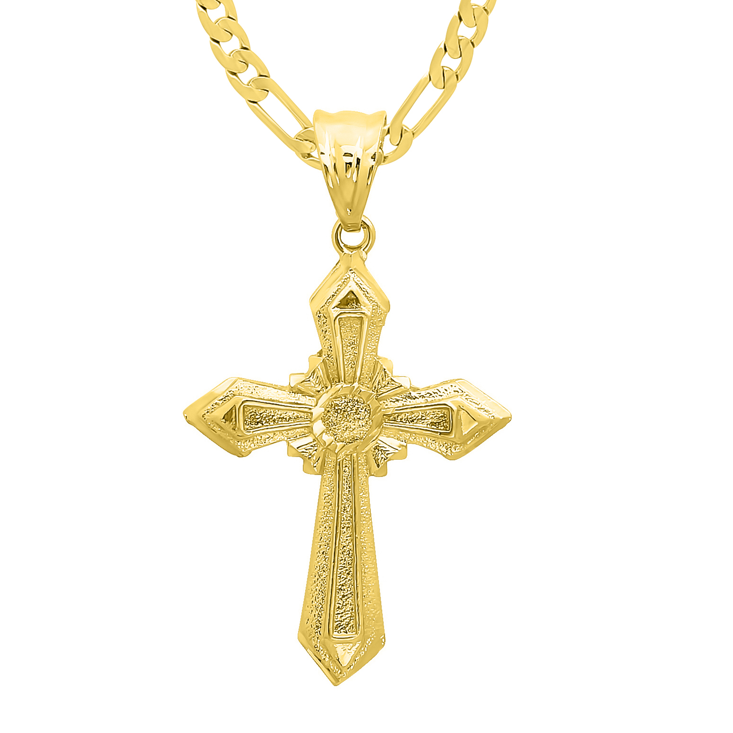 Large 14K Gold Heavy Plated Natal Cross Pendant + Chain Necklace Choose Style (Rope, Figaro, or Curb) Set