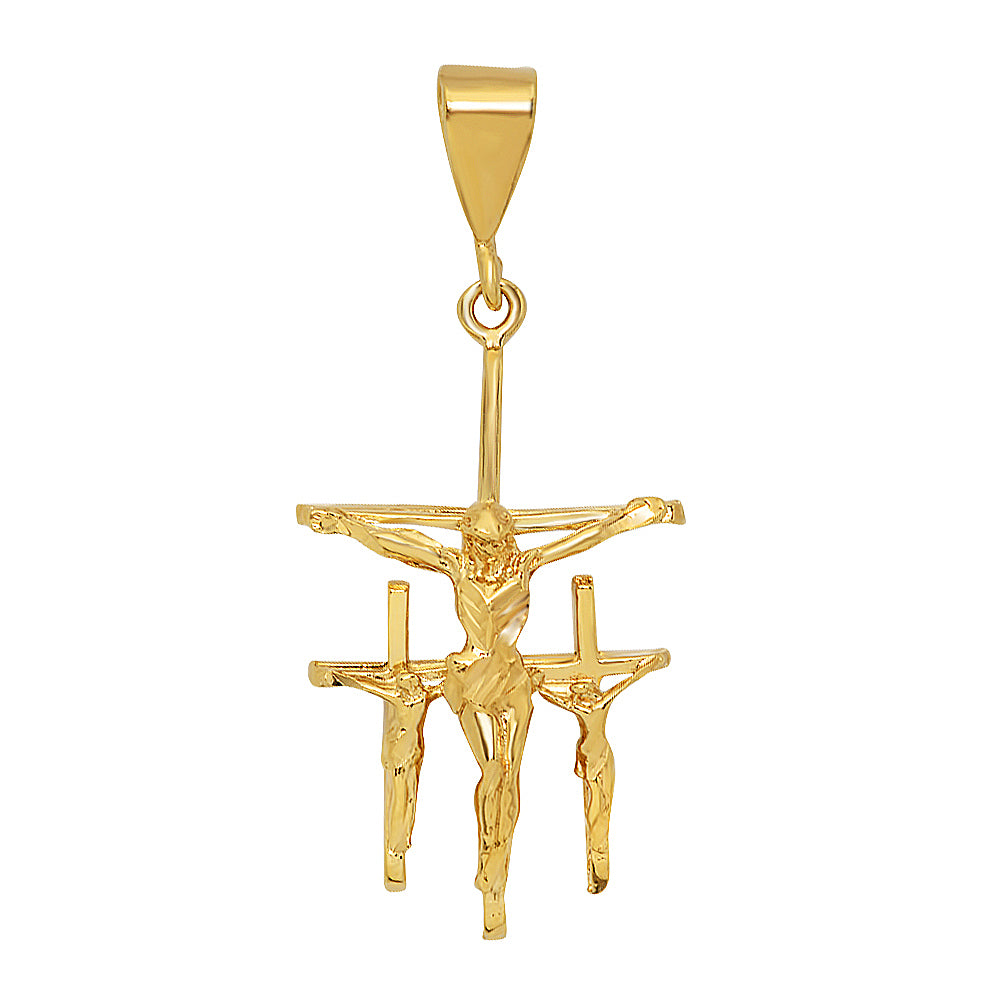 Large 29mm x 49mm 14k Gold Plated Triple Crucifix 3D Cross Pendant,