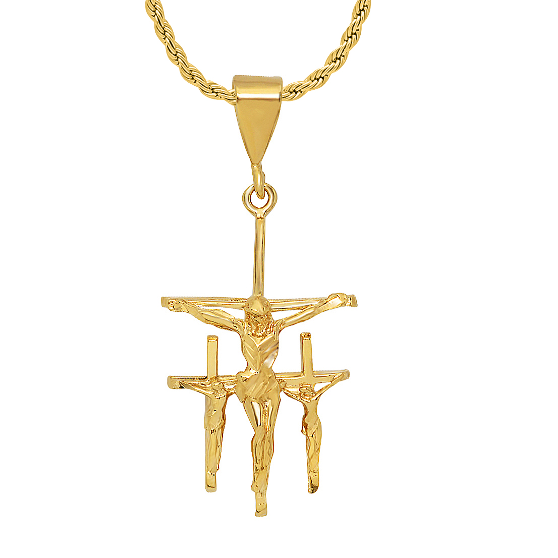 Large 14K Gold Heavy Plated Triple Crucifix 3D Cross Pendant + Chain Necklace Choose Style (Rope, Figaro, or Curb) Set