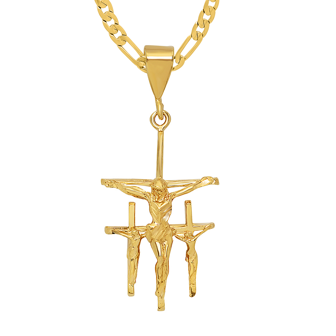 Large 14K Gold Heavy Plated Triple Crucifix 3D Cross Pendant + Chain Necklace Choose Style (Rope, Figaro, or Curb) Set