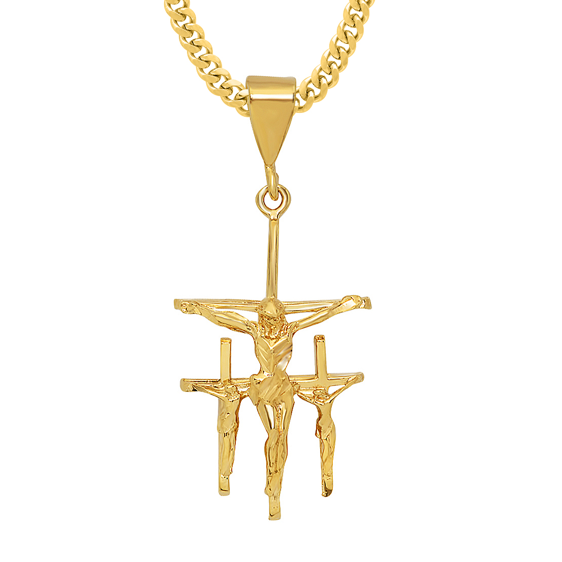 Large 14K Gold Heavy Plated Triple Crucifix 3D Cross Pendant + Chain Necklace Choose Style (Rope, Figaro, or Curb) Set